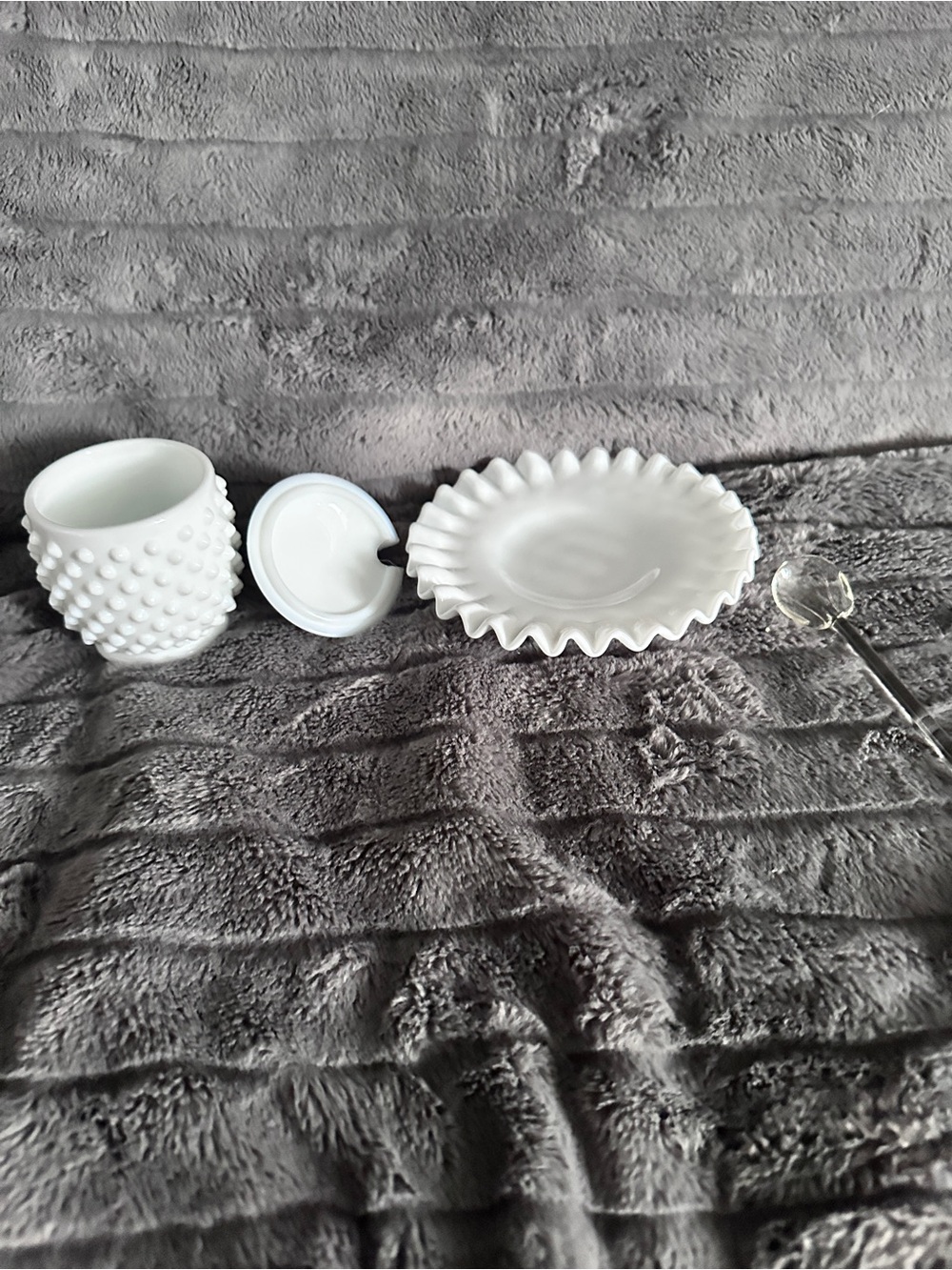 Fenton White Hobnail Milk Glass Sugar Bowl with Lid and Spoon - Picture 5 of 8